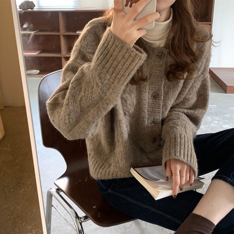 Coarse Twist Knit Sweater Short Jacket Women Retro Style