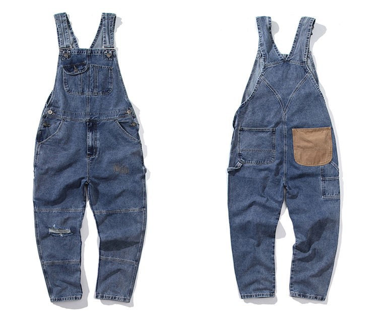 Suspenders Men's Fashion Loose Straight-leg Overalls Trend All Ripped Retro Casual Jeans