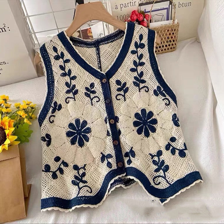 Women's Hollow Contrast Color Retro Knitted Vest