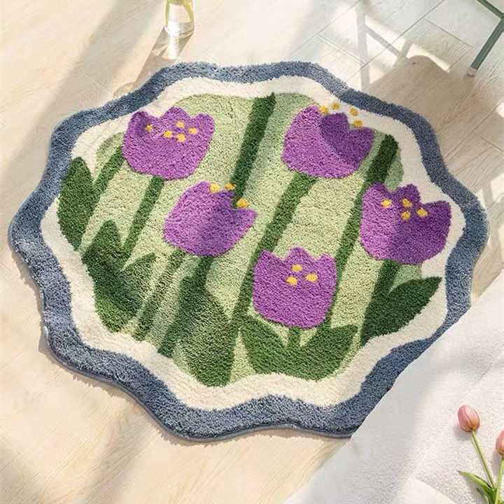 Soft Flower Irregular Round Shape Bedside Rug