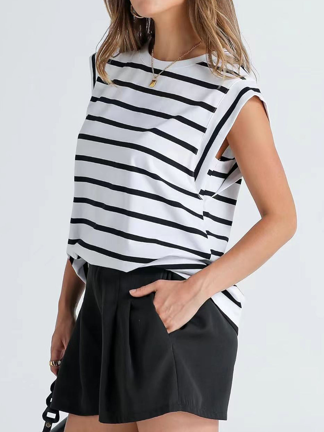 Striped Round Neck Cap Sleeve T-Shirt