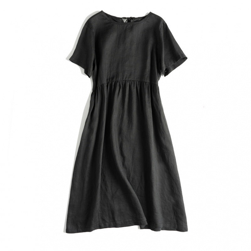 Elegant Cotton And Linen Art Round-neck Mid-sleeve Belt Large Swing Dress