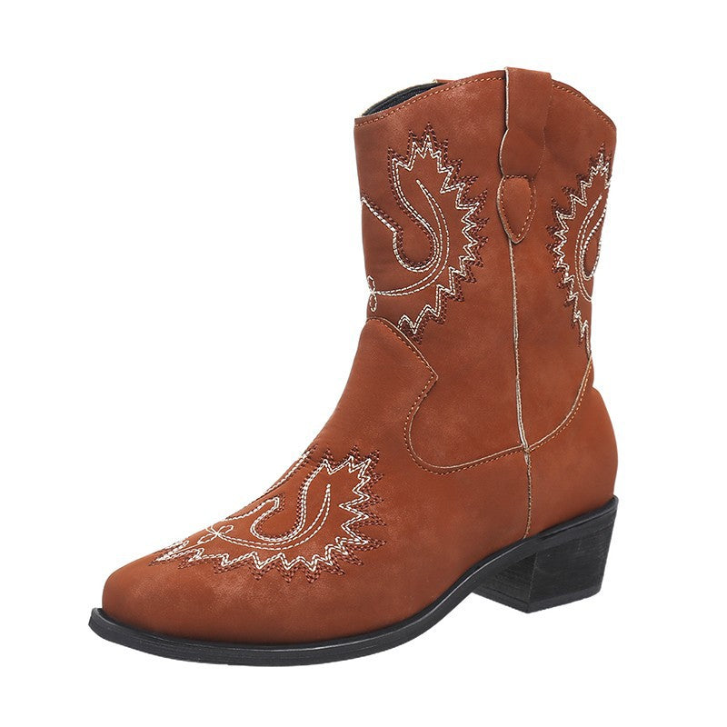 Embroidery Western Boots Chunky Mid Heel Cowboy Boots Women Shoes