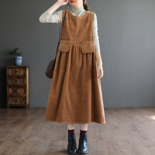 Corduroy Mid-length Dress Women's Artistic Over Size Pocket Sleeveless Vest Dress