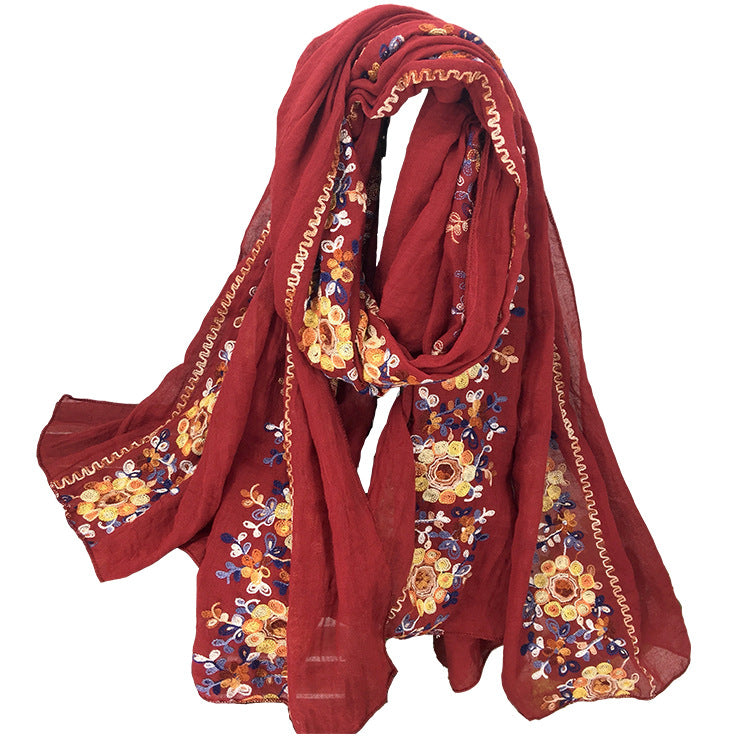 Embroidered Cotton And Linen Scarf Shawl