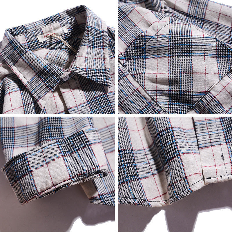 Japanese Style Long Sleeve Plaid Shirt Men's