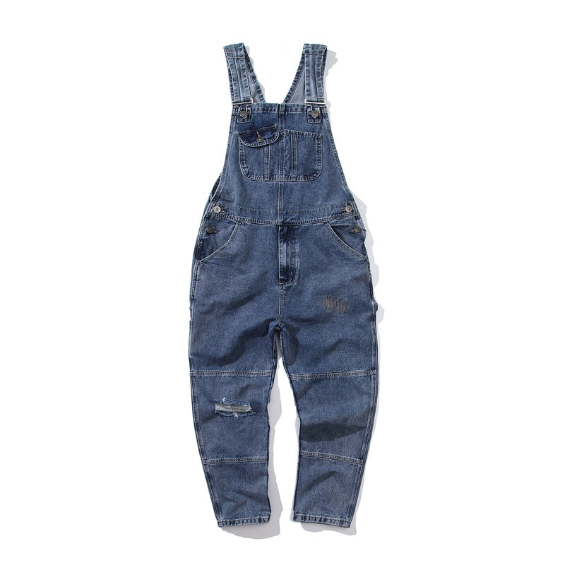 Suspenders Men's Fashion Loose Straight-leg Overalls Trend All Ripped Retro Casual Jeans