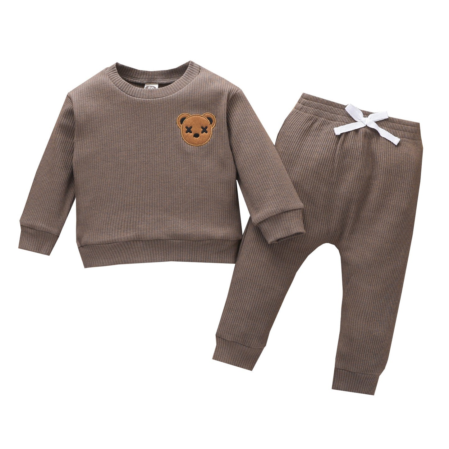 Children's Bear Embroidered Long-sleeved Top Solid Color Trousers Two-piece Set