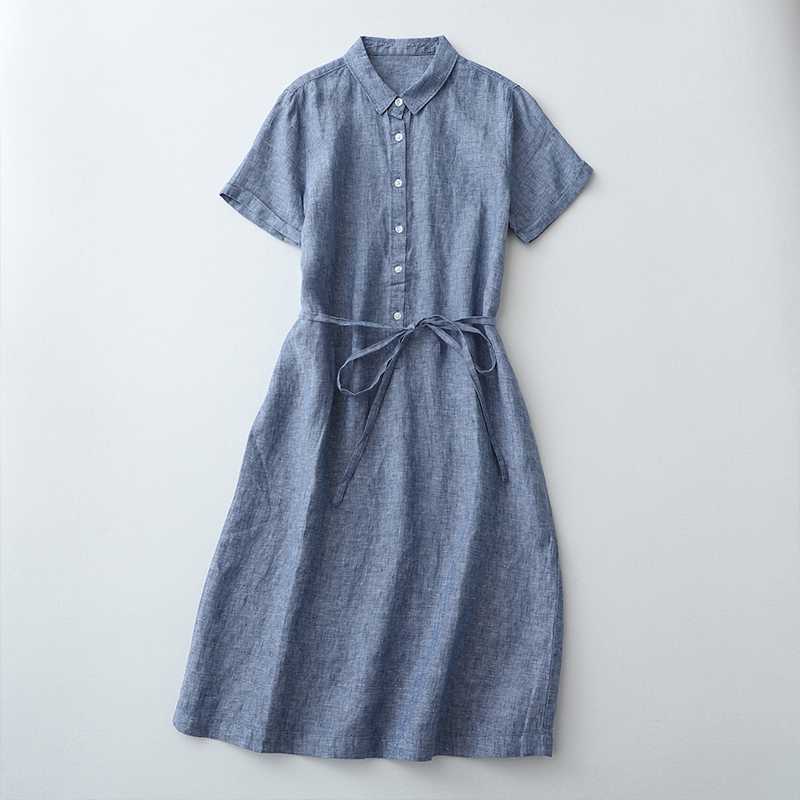 Linen Front Half-open Buckle Waist Lace-up Short Sleeve Dress