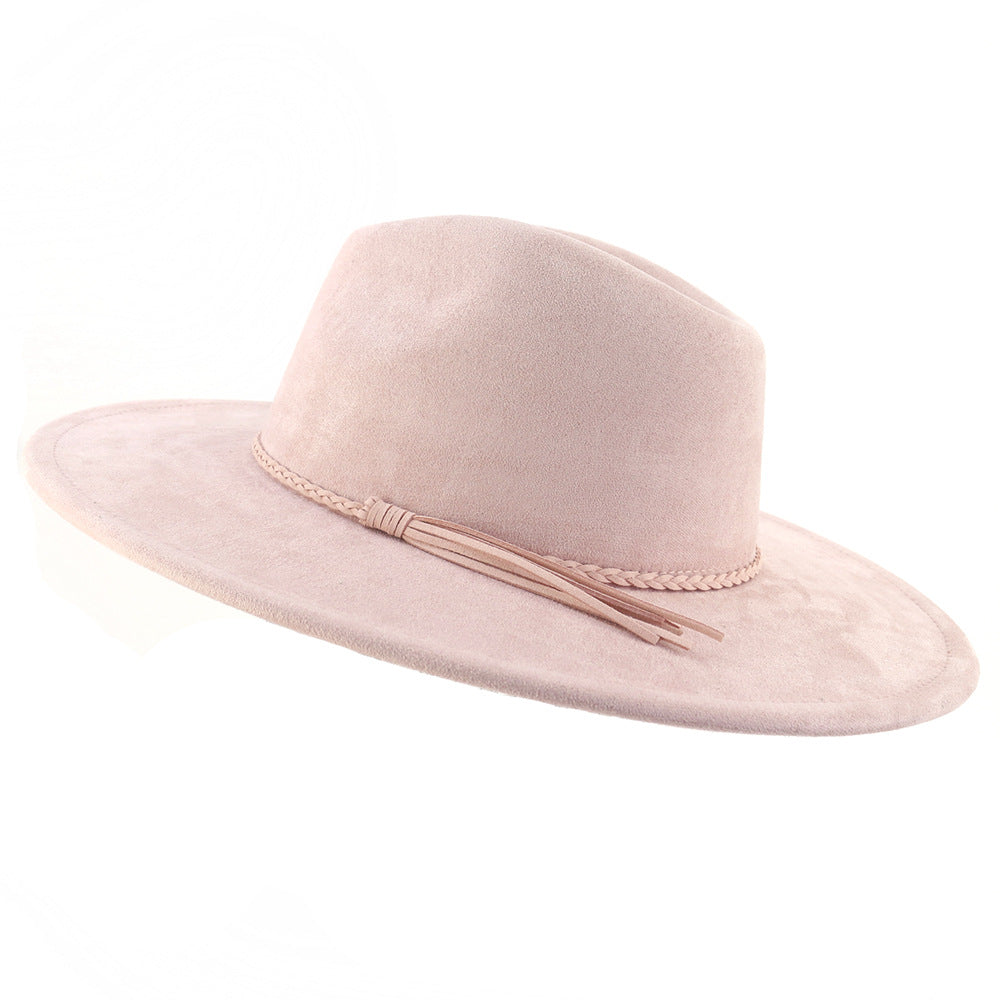 Flat Brim Women's 10cm Brim Suede Peach Top Tassel Hat