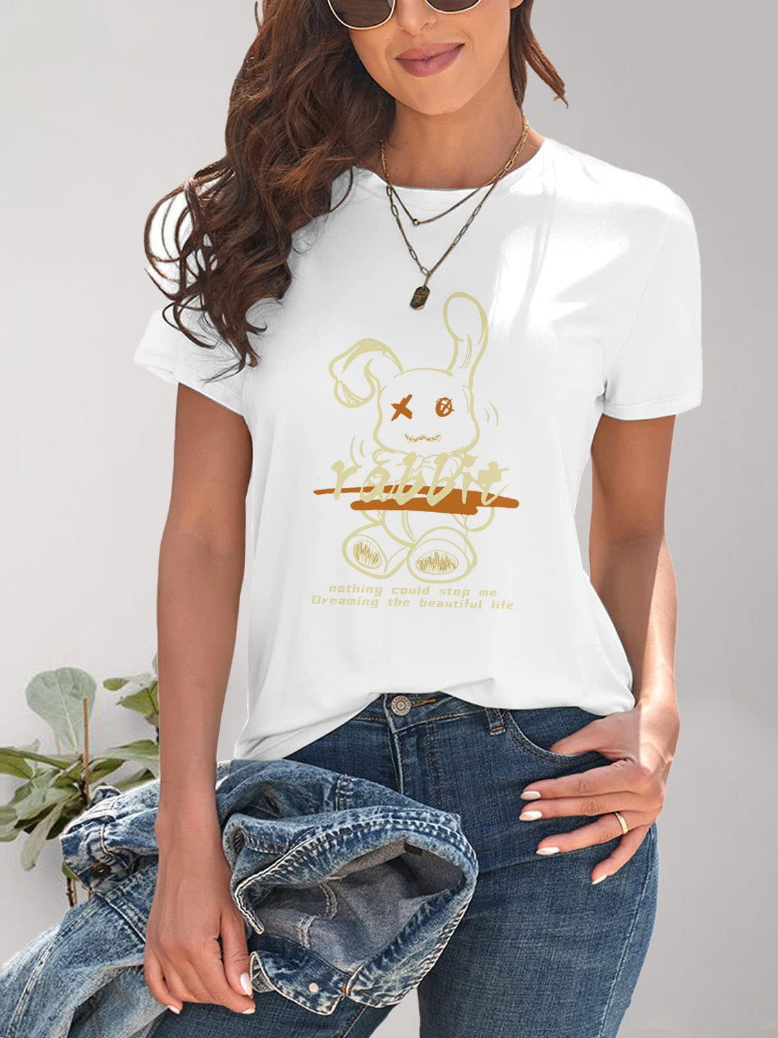 Rabbit Graphic Round Neck Short Sleeve T-Shirt