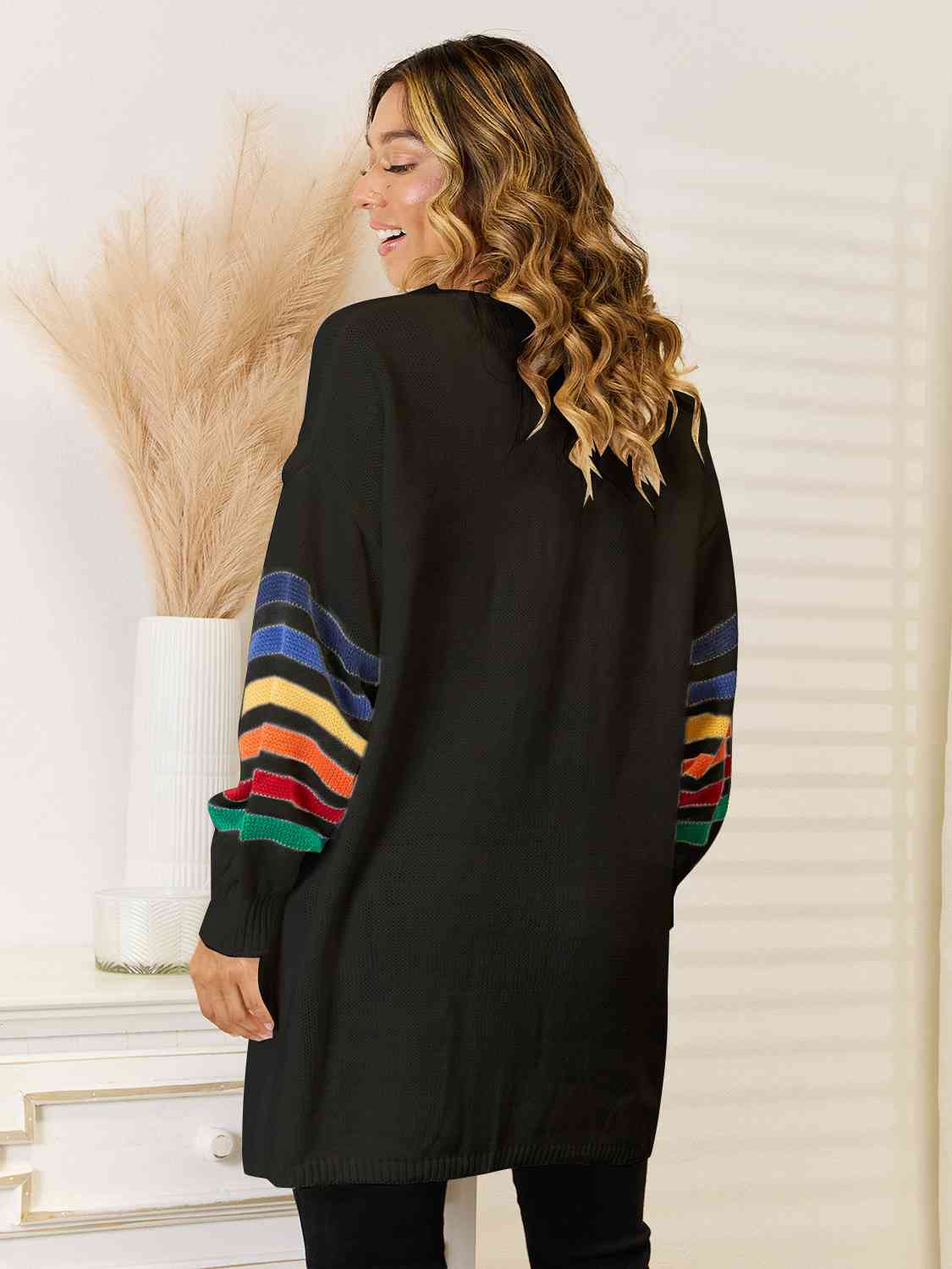 Striped Open Front Dropped Shoulder Cardigan