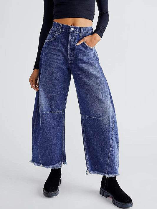 Raw Hem Wide Leg Jeans with Pockets