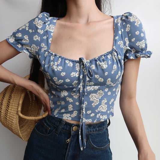 Women's Floral Shirt High Waist Short Slim  Fit Top