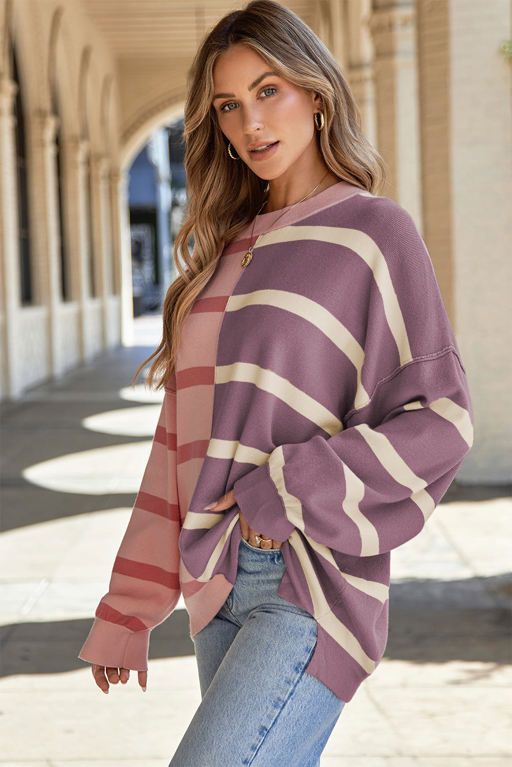 Striped Round Neck Long Sleeve Knit Top