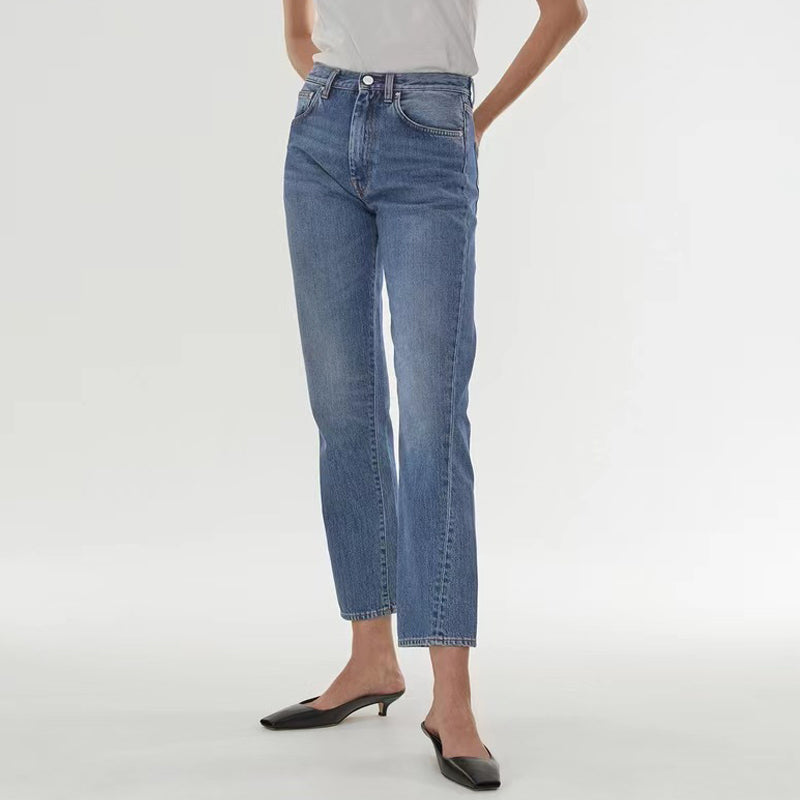 High Waist Stretch Twisted Straight Cropped Jeans