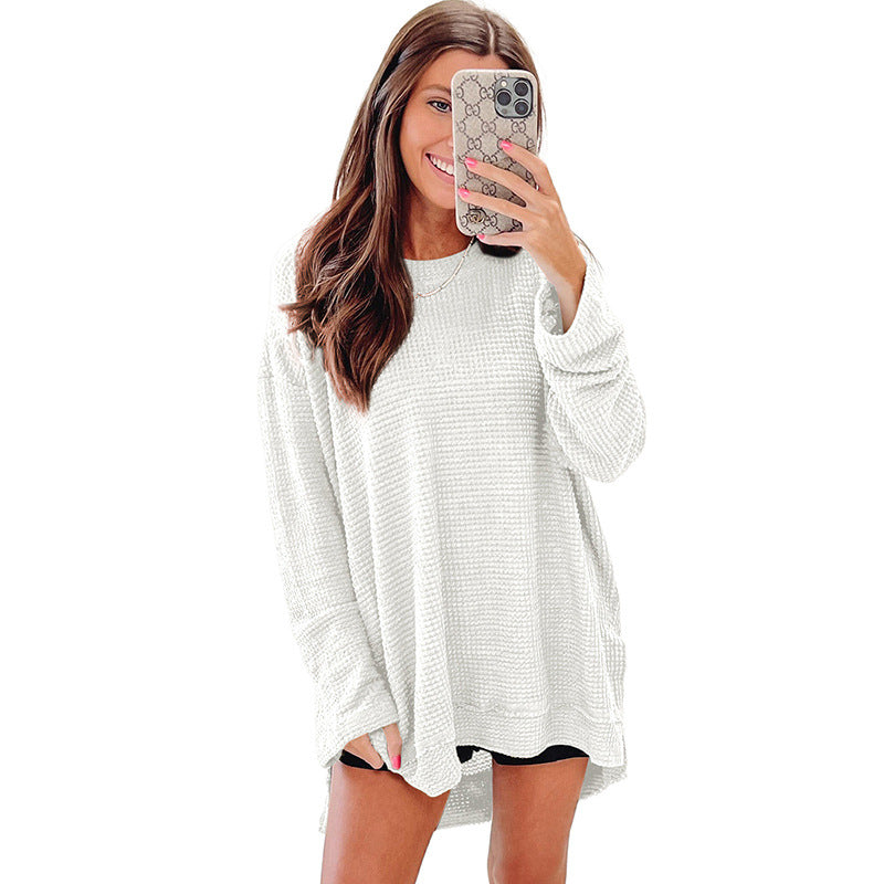 Solid Color Loose-fitting Pullover Round-neck Waffle Sweater