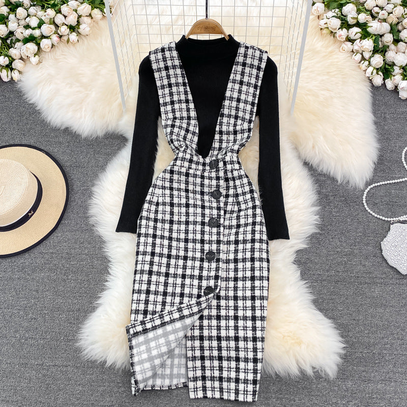 Woolen Plaid Suit Skirt Female Strap Dress Two-piece Sweater