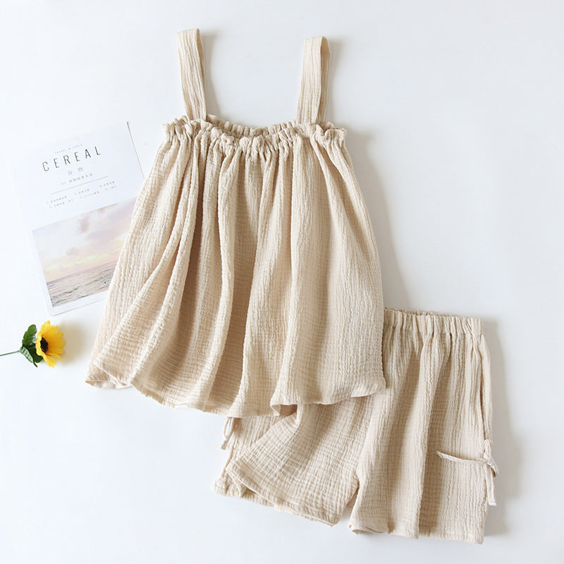 Cotton Crepe Suspender Shorts Vest Set