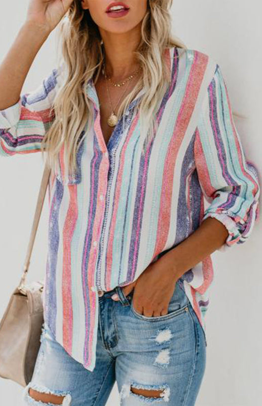 Linen Turn-down Collar Sweet Enough Striped Button Up Top