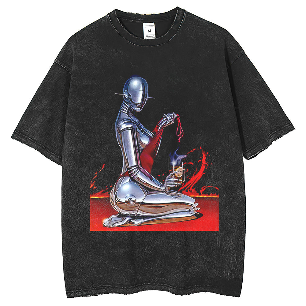 Robot Printed T-shirt American Washed Old Short Sleeve