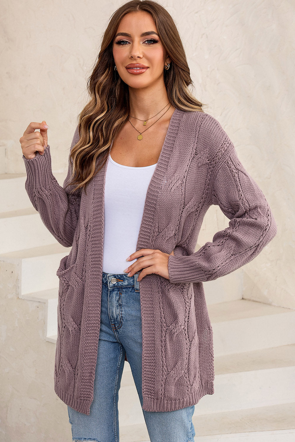 Cable-Knit Dropped Shoulder Cardigan