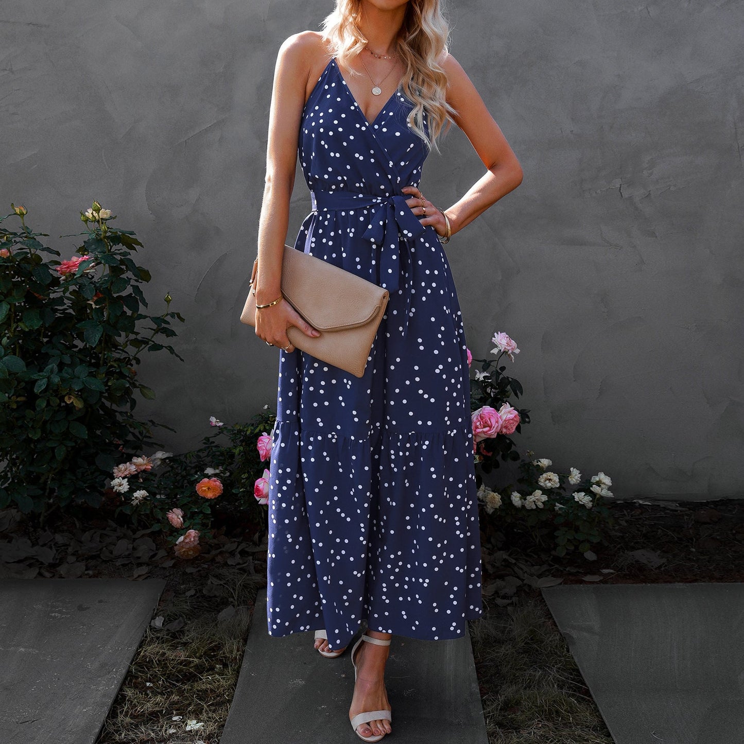 Women's V-Neck Strap Polka Dot Long Dress