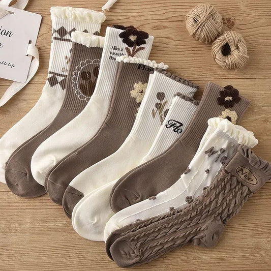 Women's Mid-calf Autumn And Winter Plush Lace Stockings Versatile New Mori Style Coffee Color Socks