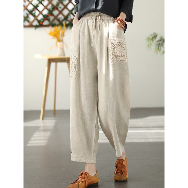 Women's Fashion Literary Cotton Linen Solid Color Lace Patch Harem Pants