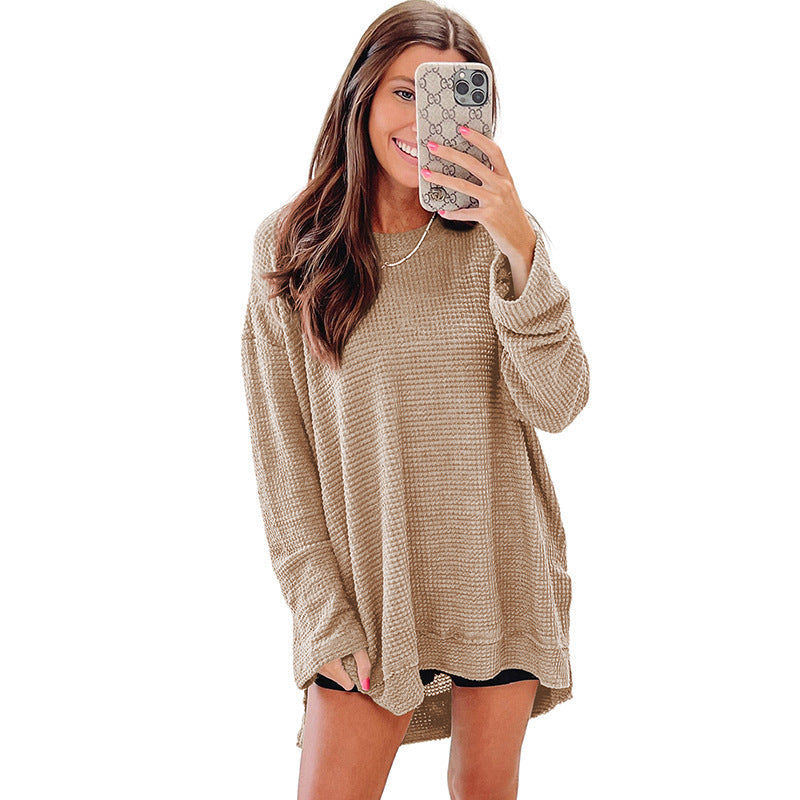 Solid Color Loose-fitting Pullover Round-neck Waffle Sweater