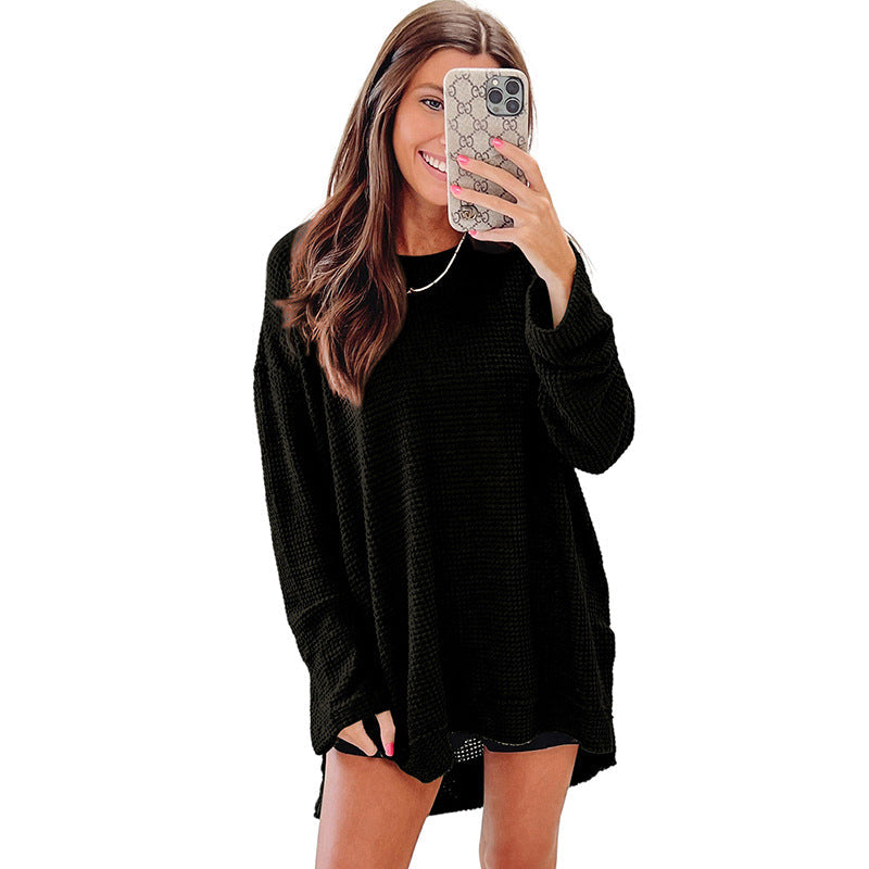 Solid Color Loose-fitting Pullover Round-neck Waffle Sweater