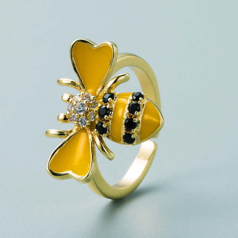 Copper Plated Real Gold Inlaid Zircon Bee Ring