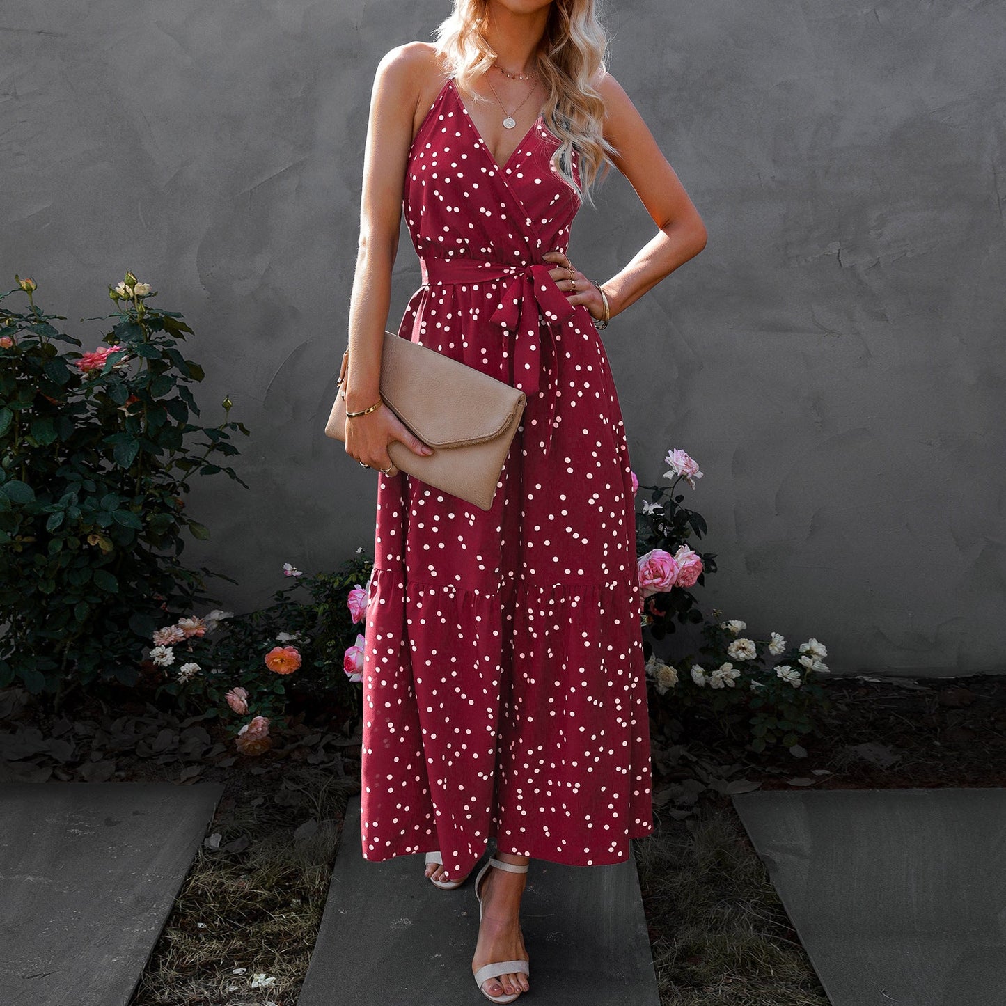 Women's V-Neck Strap Polka Dot Long Dress