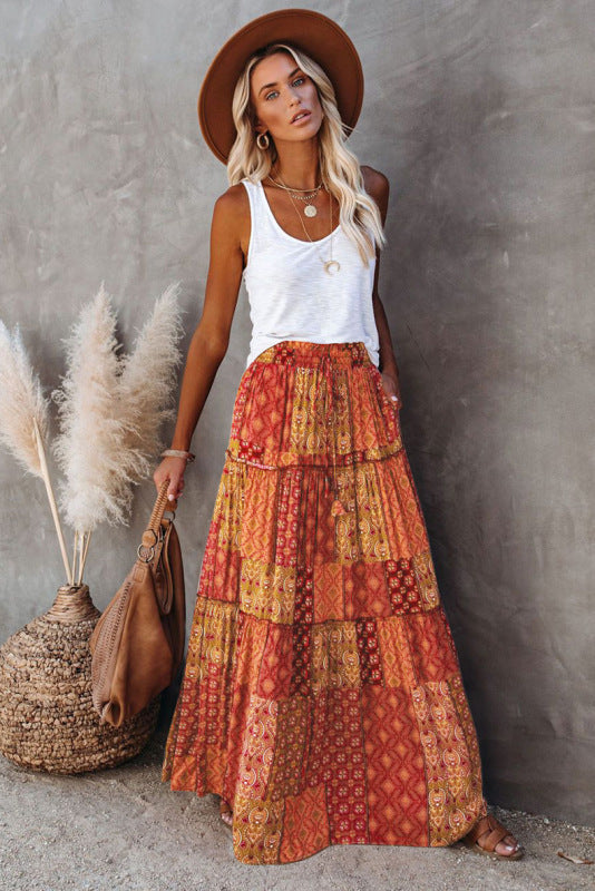 New Bohemian Style Skirt European and American Loose Casual High Waist Long Skirt