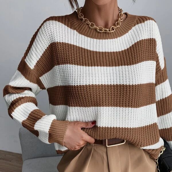 Autumn And Winter New Knitwear Mixed Color Stripe Loose Sweater