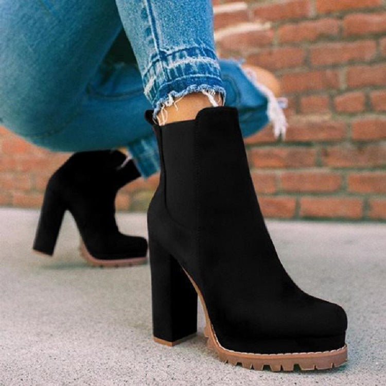 Round-toe Ankle Boots Solid Leopard Print Thick Square High Heel Shoes Ladies Casual Autumn Winter Suede Dress Party Boots