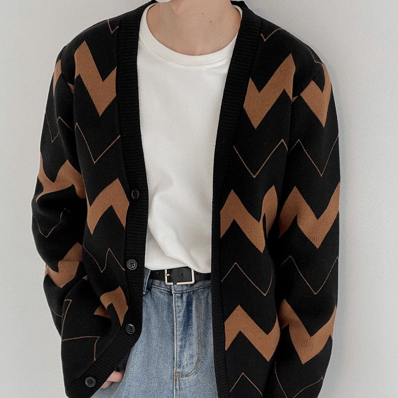 Wave Pattern Cardigan Sweater Men