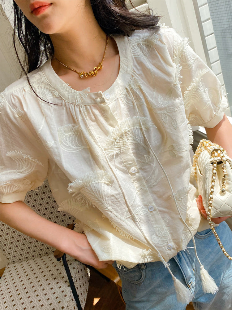 Shirt Women's Short Sleeve French Style Design Embroidery