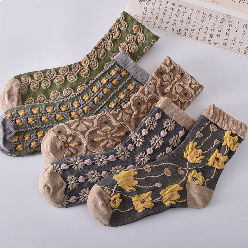 Cotton Socks Retro Court Three-dimensional Embossed Women's