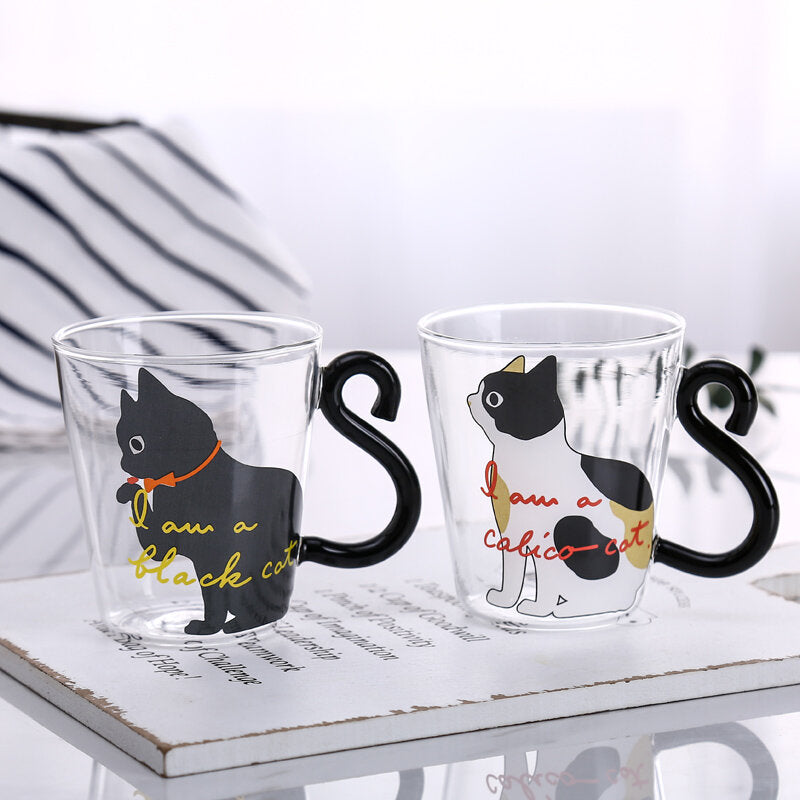 Kitchen Home Cute Cat Glass Juice Coffee Cup Milk Tea Cat Tail Handle Cat Valentine's Day Lover Gifts