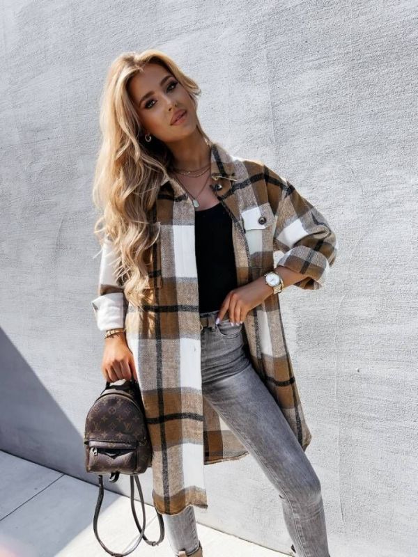 Women's Single-Breasted Plaid Long-Sleeved Shirt Jacket