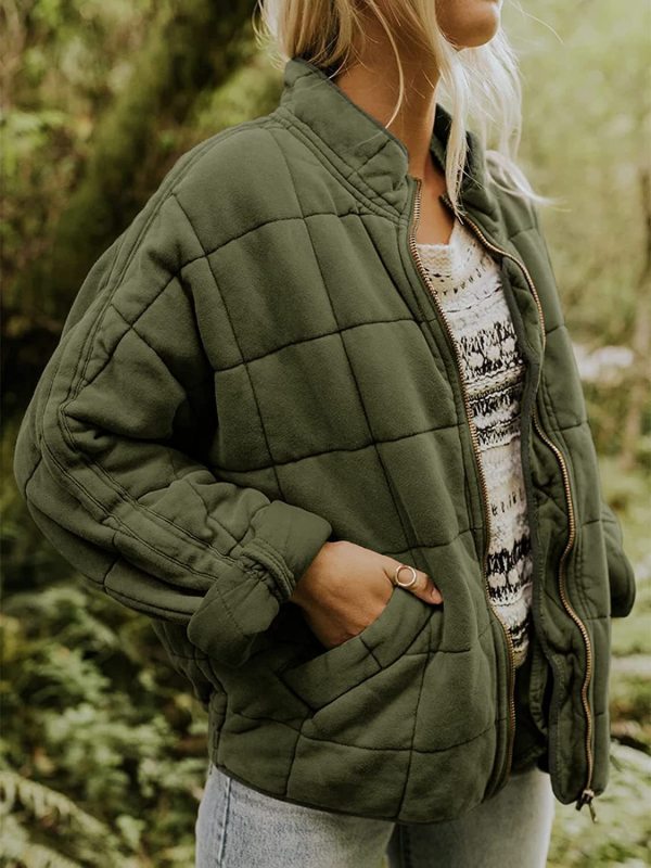 Solid Color Quilted Cotton Jacket with Loose Pockets and Long Sleeves