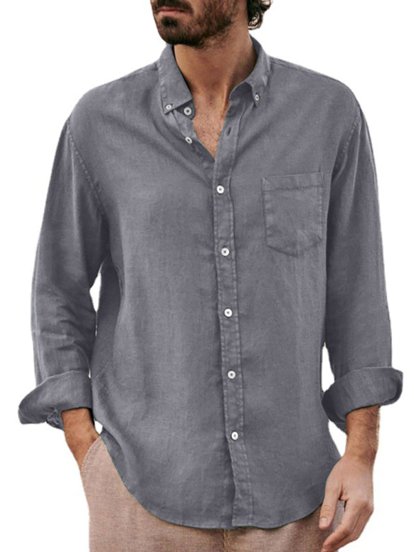 Men's Fashionable Linen Collared Button Down Long Sleeve Shirt With Front Chest Pocket