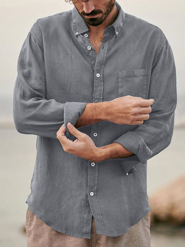 Men's Fashionable Linen Collared Button Down Long Sleeve Shirt With Front Chest Pocket