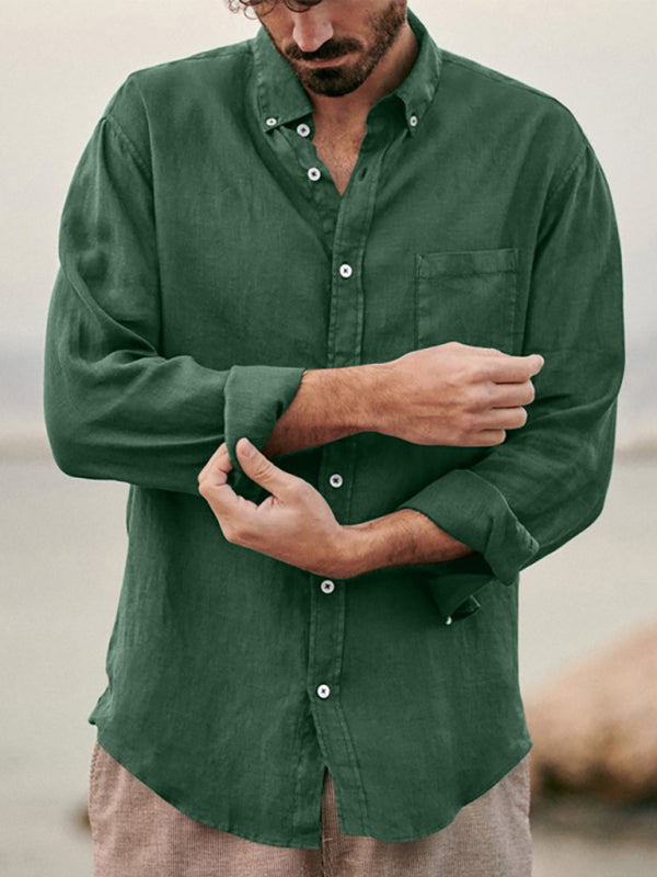 Men's Fashionable Linen Collared Button Down Long Sleeve Shirt With Front Chest Pocket