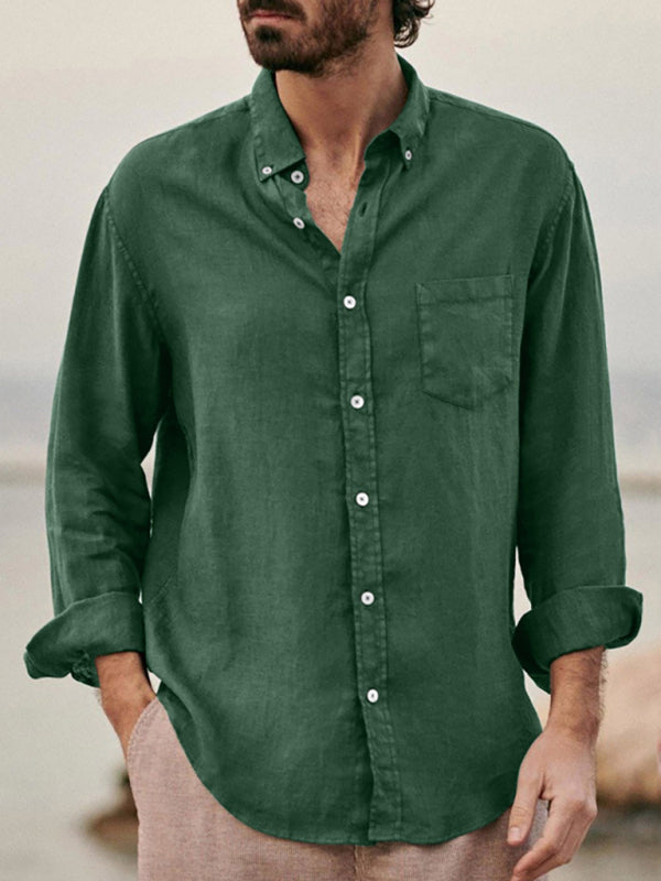 Men's Fashionable Linen Collared Button Down Long Sleeve Shirt With Front Chest Pocket