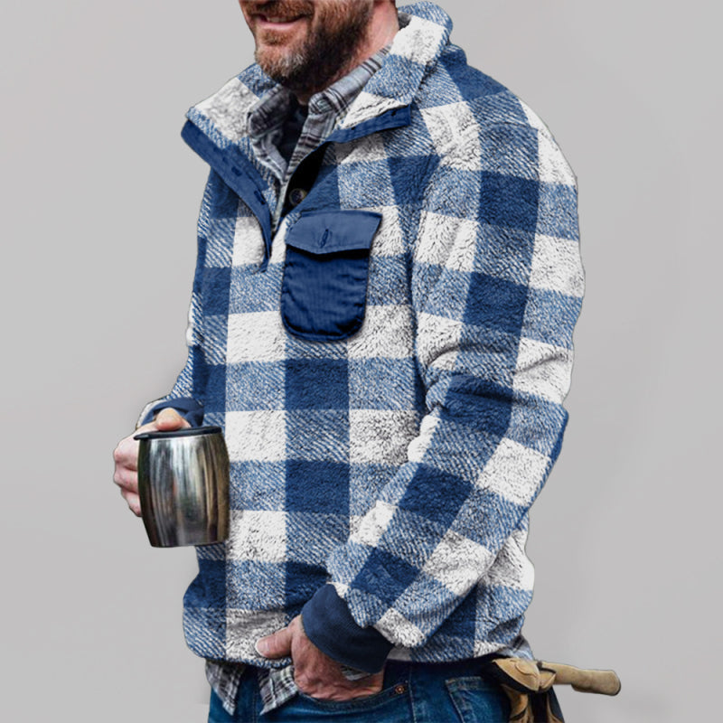 Men's Plaid Print Fleece Quarter Button Pullover