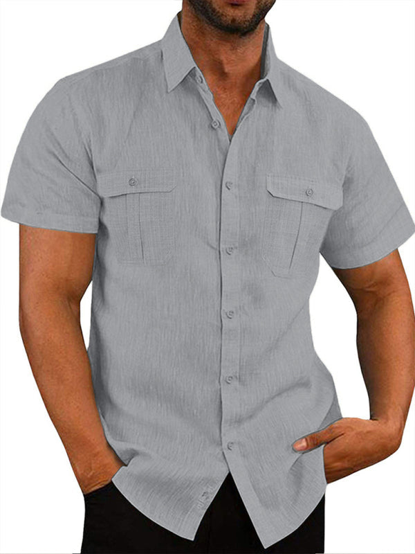 Men's Shirt Double Pocket Cotton Linen Short Sleeve Shirt Casual Vacation Shirt