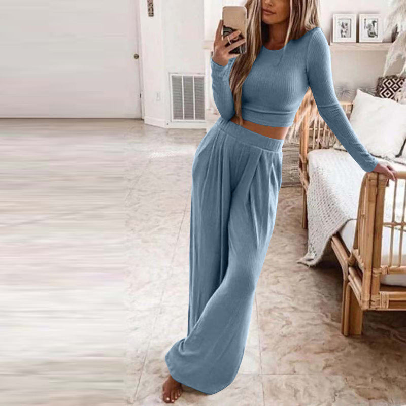 Women's Solid Color Knitted Casual Home Two-Piece Suit