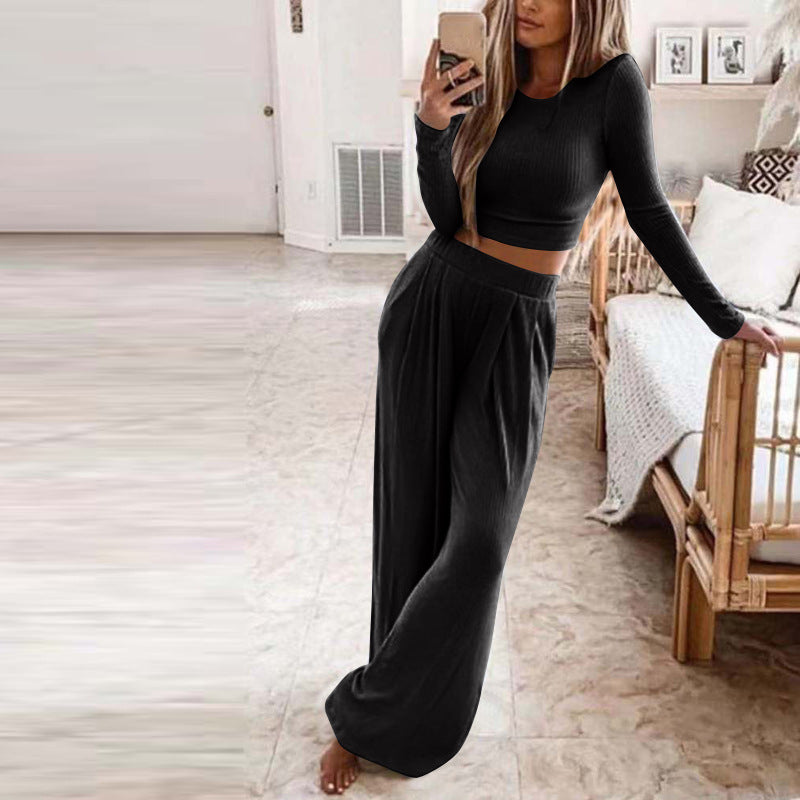 Women's Solid Color Knitted Casual Home Two-Piece Suit